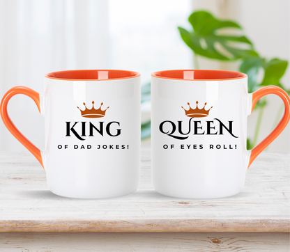 Custom King of dad jokes and Queen of eye rolls Matching couple Mugs: Personalized Couple Gift , wedding gift, anniversary gift
