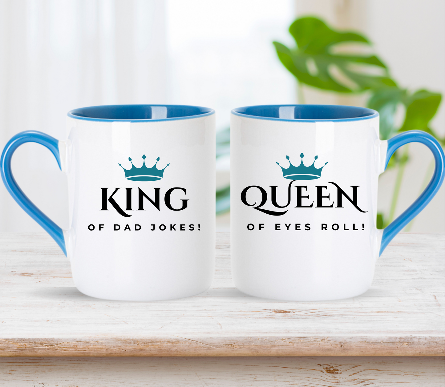 Custom King of dad jokes and Queen of eye rolls Matching couple Mugs: Personalized Couple Gift , wedding gift, anniversary gift