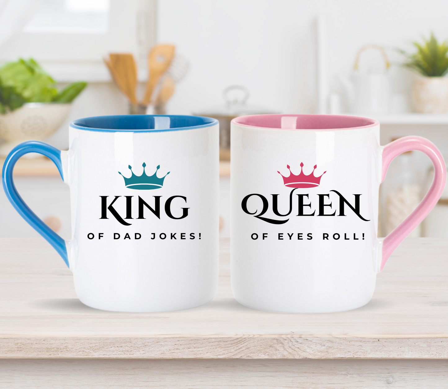 Custom King of dad jokes and Queen of eye rolls Matching couple Mugs: Personalized Couple Gift , wedding gift, anniversary gift