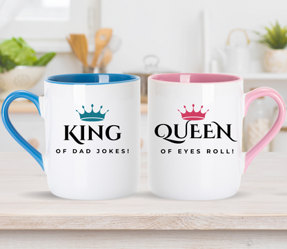 Custom King of dad jokes and Queen of eye rolls Matching couple Mugs: Personalized Couple Gift , wedding gift, anniversary gift