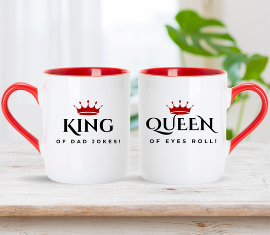 Custom King of dad jokes and Queen of eye rolls Matching couple Mugs: Personalized Couple Gift , wedding gift, anniversary gift
