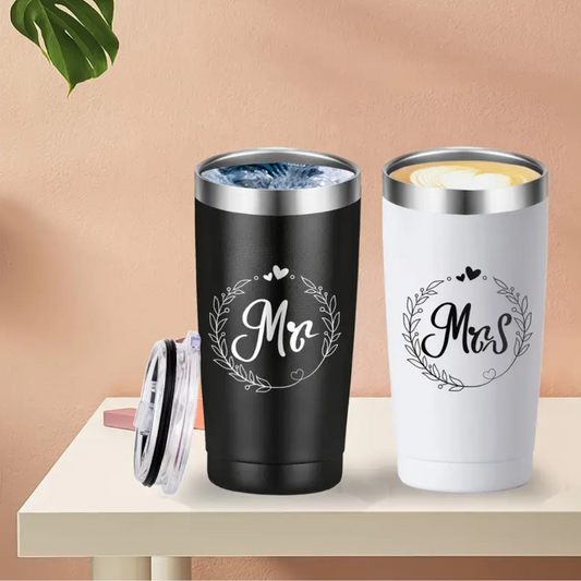 2 pcs Mr. And Mrs. coffee travel Tumblers- mug in Black and white matching 20oz